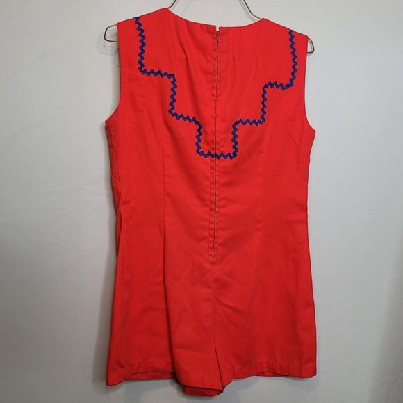Vintage Jumpsuit Romper Shorts Zip Back Handmade Red Blue Rick Rack Trim Small - Picture 7 of 10